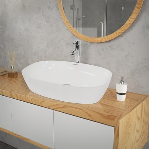 LuxeBath Waschbecken Keramik 605 x 380 x 140 mm oval, Weiß glänzend, Aufsatzwaschbecken für Badezimmer und Gäste-WC, Aufsatzbecken im modernen Design, Waschtisch Waschschale Waschplatz Handwaschbecken