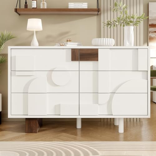 Wyibwy Aparador moderno con puertas de diseño geométrico, sin tiradores, mueble de cocina con cajones correderos, para comedor, sala de estar, patas de madera maciza, color blanco