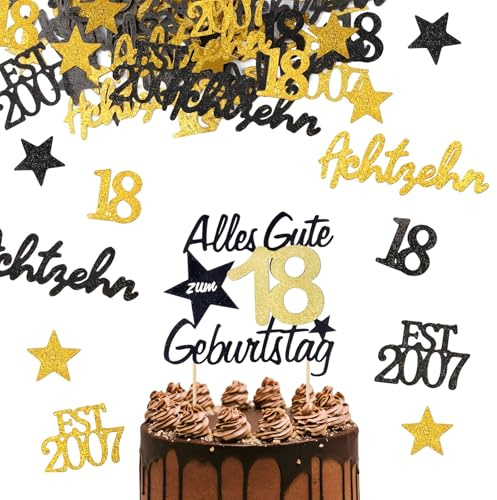 Deko 18. Geburtstag Junge, Schwarz Gold 18 Geburtstag Deko Set mit 150 Konfetti Streudeko und 1 Kuchendeko, Tortendeko 18 für Junge Mädchen Jubiläen
