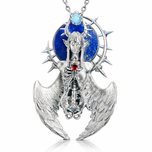 Generisch Gotischer Engel Anhänger aus massivem 925 Sterling Silber mit Lapislazuli, Granat & Labradorit – Unisex Statement Schmuck im Art-Nouveau-Stil, symbolisches Design