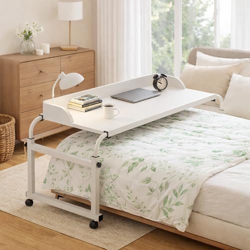 Mvellir Overbed Table with Wheels, Width & Height Adjustable, Metal Frame Rolling, Widened Desktop with Baffle, Laptop Desk, Bar Table, Bed & Sofa Side Table (White)