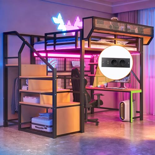 Ball & Cast Metall-Hochbett (140x200cm) mit Schreibtisch, Steckdosen und Lichtleisten - Für Kinder, Jugendliche & Erwachsene, Ohne Matratze, Schwarz