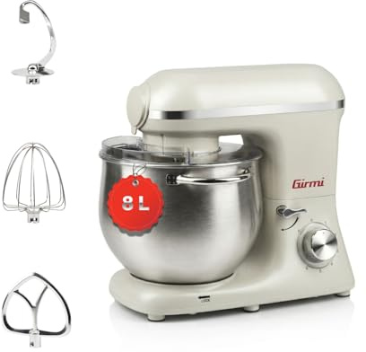 Girmi IM50W Küchenmaschine 8 L, 2200 W max, Rührschüssel, Beige Incanto | Edelstahlschüssel mit Griffen, 6 Stufen + Pulse, Zubehör inklusive