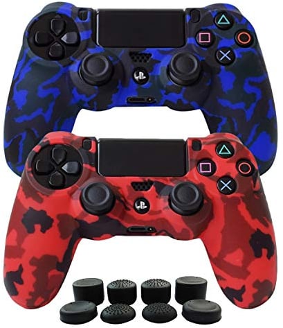 Hikfly Silikon mit Gummi-Öl-Gel-Controller Deckel Hautschutz Fall Faceplates Kits für Sony Playstation 4 PS4 / PS4 Slim / PS4 Pro Controller (2x Controller Abdeckung mit 8 x Joystic Caps)(Blau,Rot)