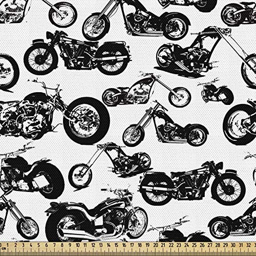 ABAKUHAUS Motorrad Stoff als Meterware, Retro Chopper Design, Qualitäts Stoff Dekorativer Polster Heimtextilienstoff, 2M (148x200cm), Weiß und Schwarz