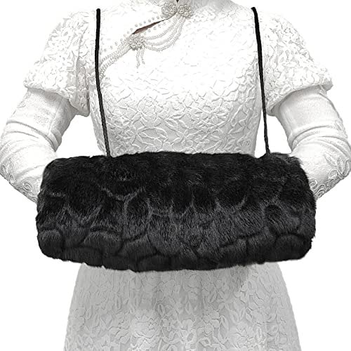 SwirlColor Handmuff, Faux Fur Hand Muff of Strap Pocket Convenient Black Hand Warmer for Women Men Kids 1pcs, with Transparent Hook 1pcs