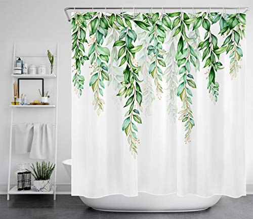 LB Grün Blätter Duschvorhang 180x200cm Antischimmel Frühling Botanische Pflanzen Duschvorhang Wasserdicht Polyester Stoff Weiß Lang Duschvorhang für Badewanne mit 12pcs Haken