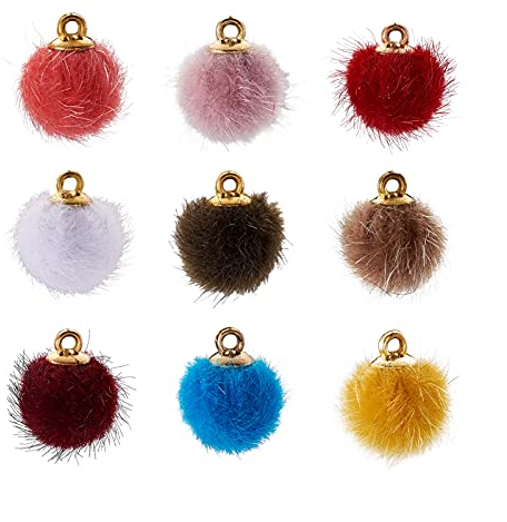 PandaHall 50 Stück Kunstfell-Pom-Pom-Kugeln, Anhänger, 14 x 10 mm, metallische Pompons, Ohrringe, Charms mit Messing-Fundstücken für Ohrringe, Schmuckherstellung, Zubehör, zufällige Farbe