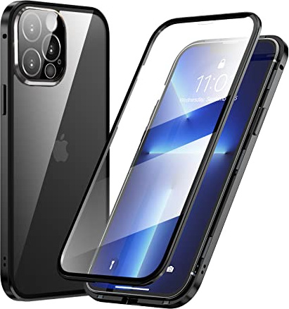 MIMGOAL Hülle für iPhone 13 Pro 360 Grad Magnetisch Transparent Schwarz | Gehärtetes Glas vorne und hinten, Magnetischer Aluminiumrahmen, Integrierter Kameraschutz, 9H-Displayschutz