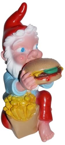 OMÜ Otto Müller Gartenzwerg mit Hamburger Figur Lustiger Zwerg H 33 cm Gartenfigur aus Kunststoff