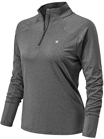 YSENTO Damen Sportshirt Langarm Laufshirt Schnelltrocknend T-Shirt Fitness Yoga Training Langarmshirts mit 1/4 Reißverschluss(Dunkelgrau,S)