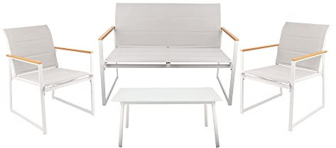 LOLAhome Conjunto de Exterior de sofá, 2 sillones y Mesa | Conjunto de jardín y terraza de Metal Blanco con sofá y sillones tapizados en Tejido técnico Gris y Mesa con Cristal Templado
