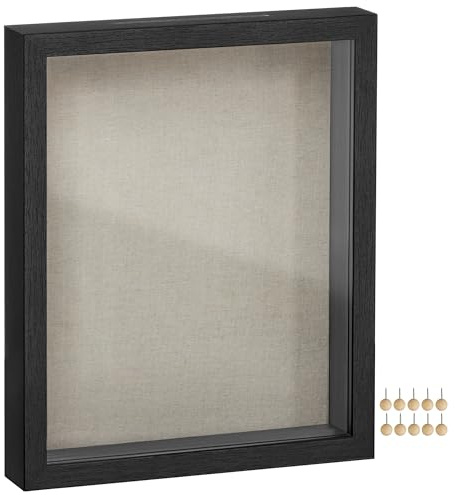 SONGMICS 11x14 Shadow Box Frame, Top Loading Display Case Frame , Glass Front with Top Slot and Push Pins, Linen Fabric Backing for DIY Craft, Gift Idea, Black URPF009B01