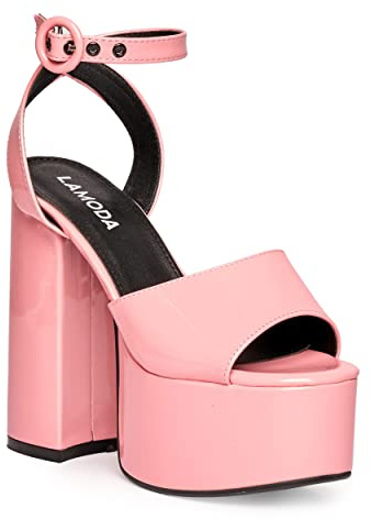 LAMODA - All for You Pink Patent Ankle Strap Extreme Platform Heels, UK 4