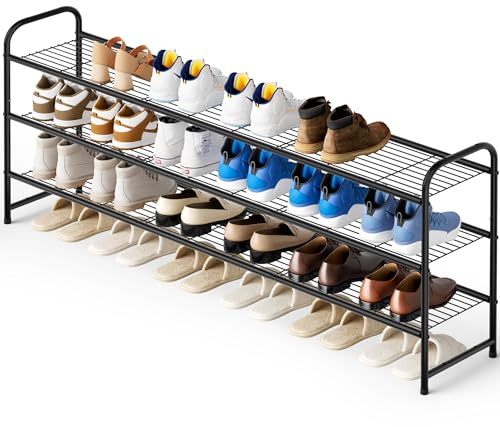 KEETDY 3-Tier Long Shoe Rack for Closet Metal Shoe Organizer for Entryway, Wide Stackable Shoe Storage Shelf with Sturdy Wire Grid for Closet Floor, Bedroom, Black