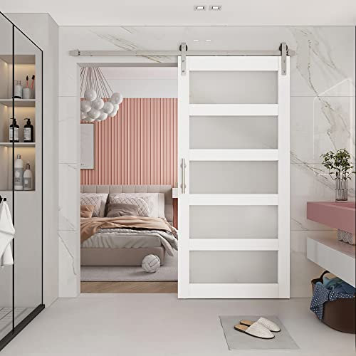 BARNSMITH Porta in vetro da 91,4 x 213,4 cm con kit di accessori per porta scorrevole in nichel spazzolato incluso e maniglia, 5 pannelli in vetro smerigliato in legno massello impermeabile in PVC,