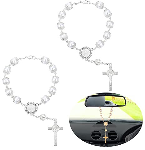 TIESOME Auto Rosenkranz für Rückspiegel, 2 Stück Autospiegel hängende Kreuz Auto Rosenkranz Frauen Männer Rückspiegel Anhänger Auto hängende Zubehör für Spiegel Innenraum Dekore (weiß)