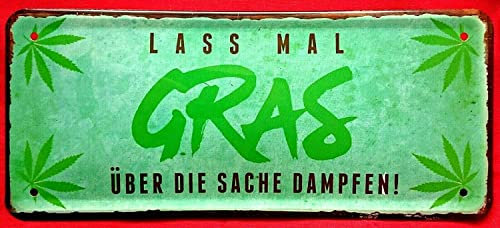 DekoDrom® lustiges Blechschild 28x12 cm Fun Spruch Lass Uns mal Gras über die Sache dampfen Joint Hanf Cannabis chillen 002
