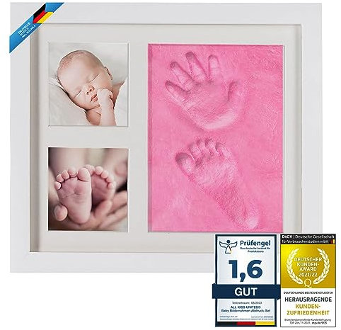 Baby Photo Frame Imprint/Ink Set - Marco de fotos para la huella de la mano, la huella del pie y fotos; set de regalo para nacimiento, bautizo, parte del bebé, etc. 3 piezas blancas (Escayola rosa)