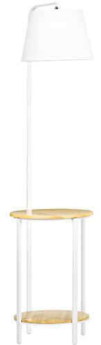 HOMCOM Lámpara de Pie Moderna con Mesas Lámpara con Estantes Casquillo E27 Máx. 40W con Pantalla de Lino e Interruptor de Pie para Salón Dormitorio 43x39,5x162 cm Blanco