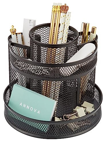 Annova Schreibtisch-Organizer, drehbar, mit 5 Fächern, rund, drehbar, für Süßigkeiten/Stifte, Schreibtisch, Zubehör, Büro, Kunstbedarf, Aufbewahrung, Klassenzimmer, Zuhause (Schwarz)