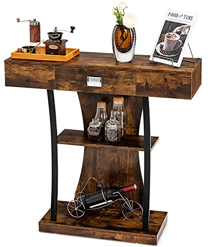 GIANTEX Konsolentisch Holz Vintage, Flurtisch Eingangstisch mit Schubladen & 2 Ablagen, Dielentisch industriell mit Metallrahmen, schmaler Beistelltisch Sideboard mit Kippschutz, 91x30x88 cm (Braun)
