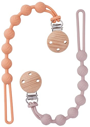 Silicone Dummy Clip for Baby Boys and Girls, One Piece Pacifier Clips, Wooden Soother Clips Design, Fits Most Pacifiers and Teething Toys, 2 Pack (Muted+Dusty Lilac)