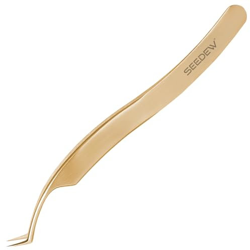 SEEDEW T07 Pince à Épiler Extensions de Cils, Pointe Fine, 45 Degrés Courbée Pince à Épiler Isolation Précision Professionnel pour Extensions de Cils, Techniques et Débutants (Doré)