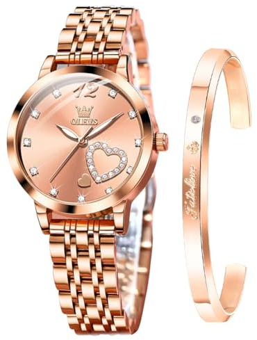 OLEVS Damenuhr Geschenke Set mit Diamant Herzform Armband Roségold für Damen Weiblich Rosa Gesicht Wasserdicht Analoge Quarz-Armbanduhren