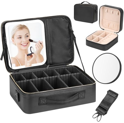 Kosmetiktasche Mit Spiegel Make Up Tasche: 37 * 26CM Extra Groß Schminkkoffer Kosmetikkoffer - Reise Make up Tasche mit Spiegel und Licht - Schminktasche Makeup Organizer (Schwarz-1)