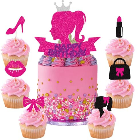 25 Stück Princess Tortendeko High Heel Lippenstift Fliege Cupcake Toppers Rosa Mädchen Kuchendeko für Prinzessin Thema Brautdusche Baby Dusche Hochzeitstag Geburtstag Party Torte Dekorationen