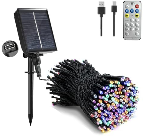 Tacobey Solar Lichterkette Außen Bunt -20M 200 LED Lichterkette Aussen Solar und USB Aufladbar mit Fernbedienung, 8 Mode, Wetterfest, für Outdoor Garten Terrasse Balkon Deko
