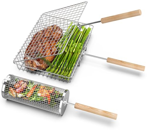 Grill Basket Set (2PCS, 1 Rectangular + 1 Round) with Removable Wooden Handle, 304 Stainless Steel, Grilling Accessories for Fish Shrimp Vegetables, Gifts for Men Dad, Outdoor BBQ Camping