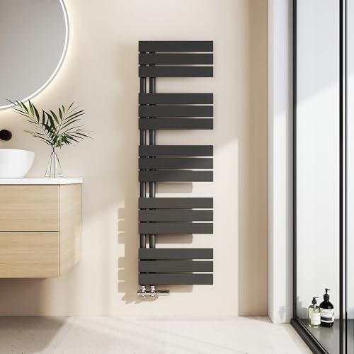 EMKE Toallero Baño Radiador Plano, toallero de Paneles, 1320 x 400 mm, Negro, secador de Toallas con conexión Lateral, 570W, radiador secador de Toallas de Agua Caliente