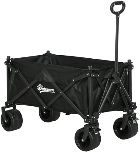 Outsunny 110L Festival Trolley on Wheels Folding Camping Trolley Cart Black | Telescopic Handle, Carry Bag, All-Terrain Big Wheels, Heavy Duty, for Garden, Beach, Fishing