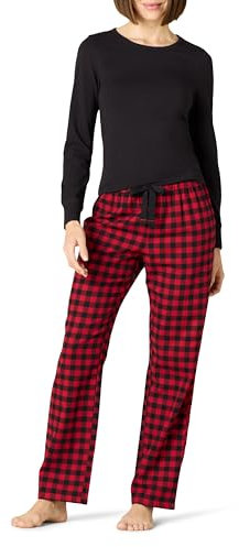 Amazon Essentials Pyjama avec Pantalon Léger en Flanelle et T-Shirt à Manches Longues Femme, Rouge Cerise/Noir Carreau Buffalo Classique, XXS