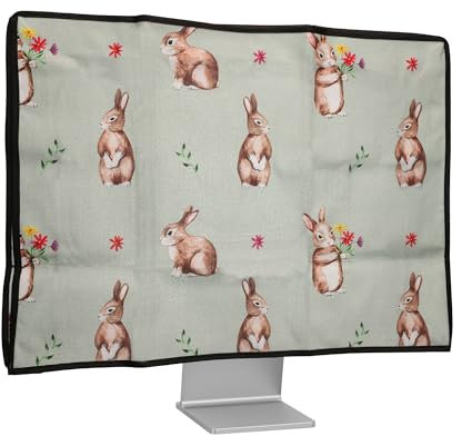 kwmobile Dust Cover for 24-26 monitor - Linen Monitor Protector with Design - Rabbits and Flowers White/Brown/Gray Green
