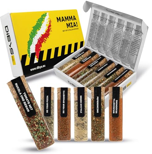 DIBYS MAMMA MIA! Coffret Cadeau d'Épices Italiennes | 6 Mélanges Authentiques avec Recettes | Herbes Italiennes, Épices à Pizza, Épices pour Spaghetti & Plus | Cuisine Italienne