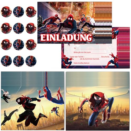 COQOYO Spidey Einladungskarten Kindergeburtstag Jungen, 12pcs Deutsche Geburtstag Einladungen, Partyeinladungen mit Bunte Umschläge und Runde Aufkleber, Cartoon Spider Einladung Set für Kinder Party