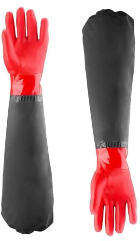 POFET 1 Pair Work Gloves Men Women Waterproof Long Gloves Rubber Household Gloves Fish Pond Gloves Extra Long Sleeves, Full Arm, Black Red