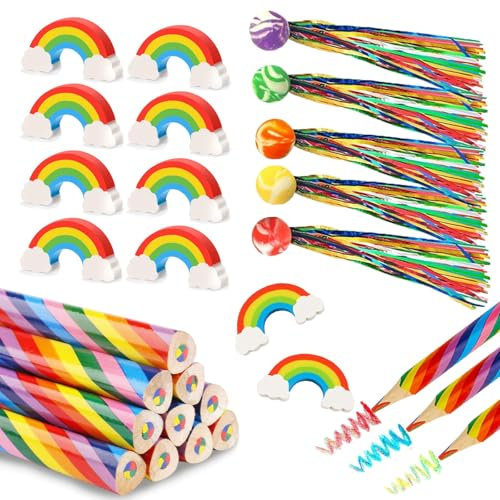 Sunwuun 30 Stück Regenbogenstift Set,30 Stück Regenbogenstift Regenbogen Radiergummi Hüpfball,Mitgebsel Kindergeburtstag Gastgeschenke,Regenbogen Deko Kindergeburtstag