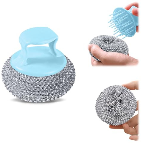 Stahlwollbürste mit Griff, Geschirrspülstahlwolle, Edelstahlgriff, Stahlwolle, Schrubber aus Stahlwolle, zum Reinigen von Geschirr, Töpfen, Grills, Spülen usw. (blauer Gummigriff)