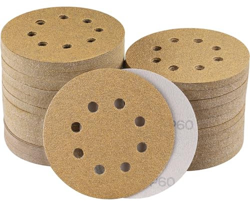 Sruhrak 100 Unidades de Papel de Lija125 mm, Juego de Papel de Lija con 8 Agujeros, Discos de Lija Redondos de 5 Pulgadas para Lijadora Orbital (Grano 60)