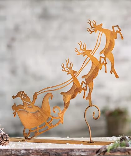Dekoleidenschaft Dekofigur Santa mit Schlitten aus Metall mit Echt Rost, Weihnachtsdeko, Rostdeko, Weihnachtsmann und Rentiere, Gartendeko für Draußen