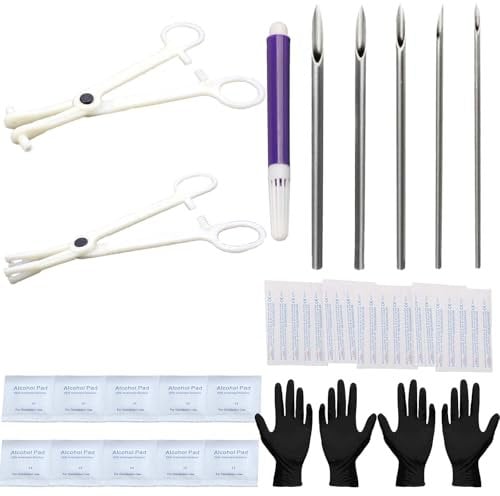 ZQuintuplian 40PCS Piercing Kit, Tongue Nose Belly Button Body Clamp Gloves Needles Tool Kit Nose Piercing Needles 12G 13G 14G 16G 18G Piercing Tool Kit with 2pcs Different Clamps and Marker Pen
