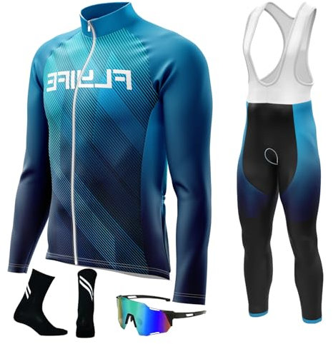 Herren Langarm Radtrikot Set Radtrikot Set Herren mit 8D Sitzpolster Langarm Trägerhose Radhose Atmungsaktiv Elastische Schnell Trocknend Fahrrad Trikot für Radfahren MTB Jogging (3XL,TYP-14)