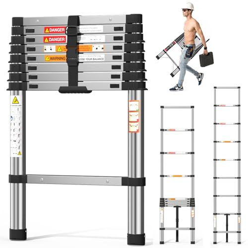2,6 m verdickte Teleskopleiter, gerade Leiter, ausziehbare Leiter, Edelstahl, Teleskopleiter, Trittleiter, 150 kg Kapazität, stärker als Aluminiumleiter