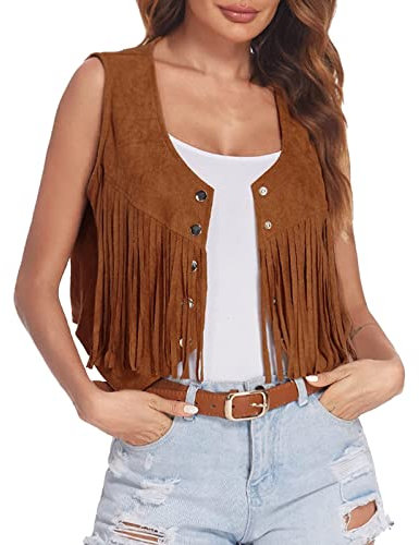 Generisch Damen Faux Wildleder Cowboy Ärmellos Weste Cardigan Jacke mit Fransen Weich Cowgirl Weste Kurze Fransenjacken Braun Weste mit Fransen Damen Retro Hippie-Kostüme 70er Fransenweste Auffällig