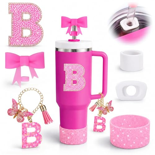 6PCS Pink Stanley Cup Accessories Set, Initials Decorations for Stanley Cup 30oz 40oz, Includes Bow Straw Topper, Handle Charm, Letter Sticker, Silicone Boot, Spill Proof Stopper (Letter B)