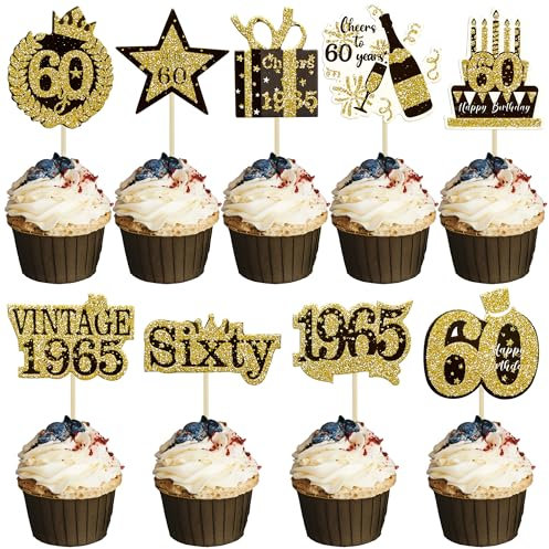 Gyufise 36Pcs Happy 60th Birthday Cupcake Toppers Glitter Black Gold Sixty Hello 60 Vintage 1965 Cupcake Picks Cheers to 60 Years 60 Fabulous Cake Decorations for 60th Birthday Party Supplies